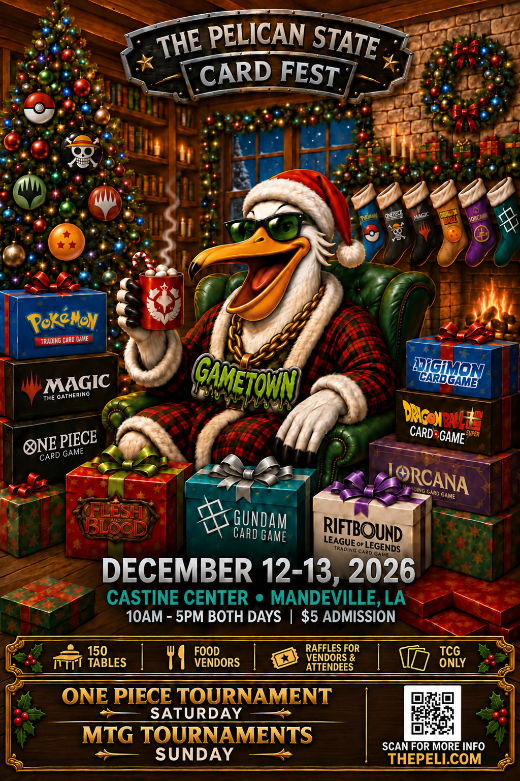 Holiday Pelican State Card Fest flyer with the Game Town pelican mascot