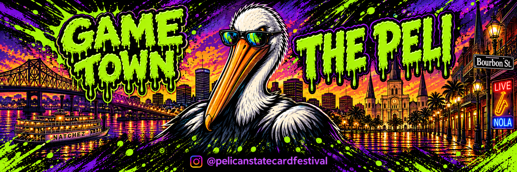 Game Town and The Peli banner featuring the pelican mascot and New Orleans scenery