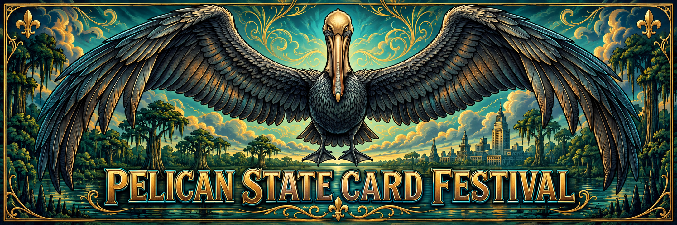 Pelican State Card Festival — a pelican with outstretched wings over the Louisiana bayou